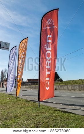 Roncq,france-february 20,2019: View Of The Citroen Brand Logo On The Flags. Citroën Is A French Bran