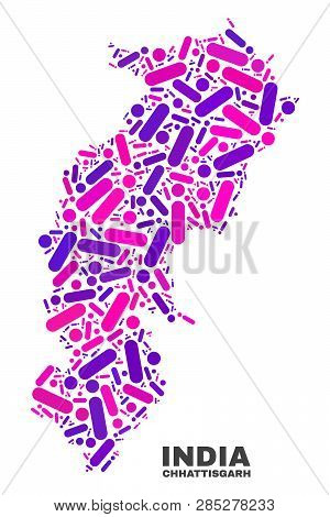 Mosaic Chhattisgarh State Map Isolated On A White Background. Vector Geographic Abstraction In Pink 