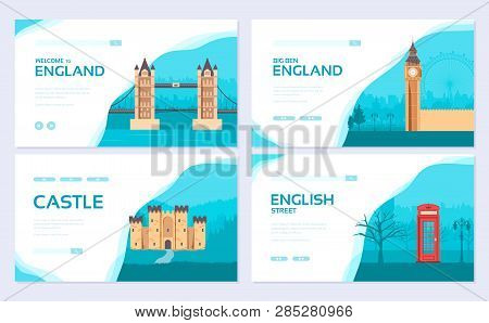 England Country Ornament Travel Tour Concept. London Traditional Brochure Card Set. Ethnic Template 