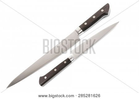 Two new stainless steel kitchen knives, isolated on white background