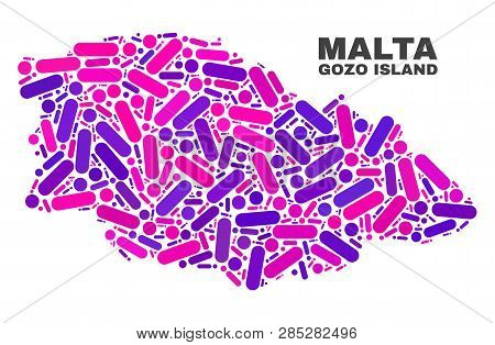 Mosaic Gozo Island Map Isolated On A White Background. Vector Geographic Abstraction In Pink And Vio