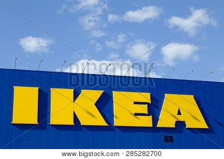 Uppsala, Sweden - July 6, 2016: Close Up Of The Exterior With Ikea Logo On The Furniture Shop Exteri