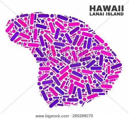 Mosaic Lanai Island Map Isolated On A White Background. Vector Geographic Abstraction In Pink And Vi