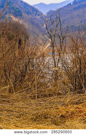Dirt Country Road In Mountain Ravine Partially Hidden By Overgrown Brush Overlooking Frozen River.