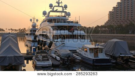 Tuen Mun, Hong Kong 01 February 2019:- Typhoon shelter in Gold coast at Hong Kong under sunset
