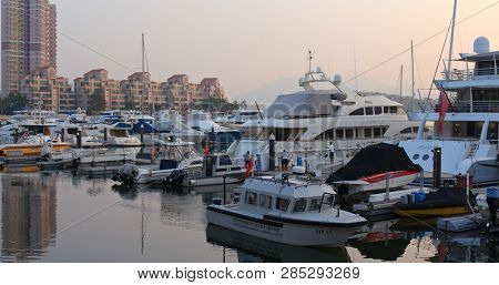 Tuen Mun, Hong Kong 01 February 2019:- Typhoon shelter in Gold coast at Hong Kong under sunset