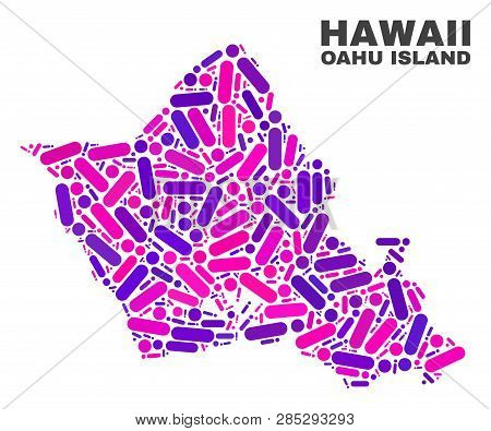 Mosaic Oahu Island Map Isolated On A White Background. Vector Geographic Abstraction In Pink And Vio