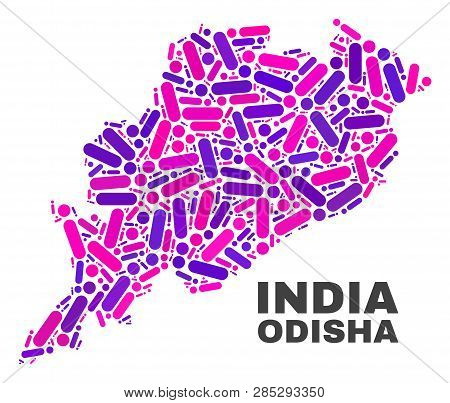 Mosaic Odisha State Map Isolated On A White Background. Vector Geographic Abstraction In Pink And Vi