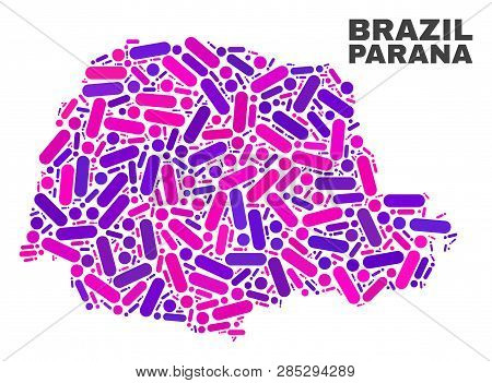 Mosaic Parana State Map Isolated On A White Background. Vector Geographic Abstraction In Pink And Vi