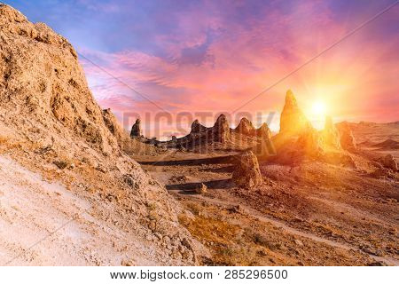 Trona Pinnacles are nerarly 500 tufa spires hiddeen in California Desert National Conservation Area, not far from the Death Valley National Park, California, USA. Sunset