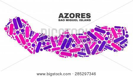 Mosaic Sao Miguel Island Map Isolated On A White Background. Vector Geographic Abstraction In Pink A