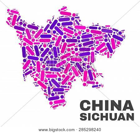 Mosaic Sichuan Province Map Isolated On A White Background. Vector Geographic Abstraction In Pink An