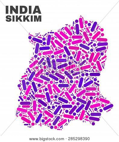 Mosaic Sikkim State Map Isolated On A White Background. Vector Geographic Abstraction In Pink And Vi