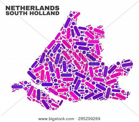 Mosaic South Holland Map Isolated On A White Background. Vector Geographic Abstraction In Pink And V
