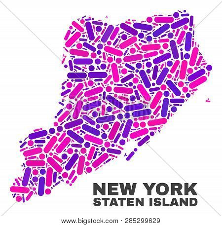 Mosaic Staten Island Map Isolated On A White Background. Vector Geographic Abstraction In Pink And V
