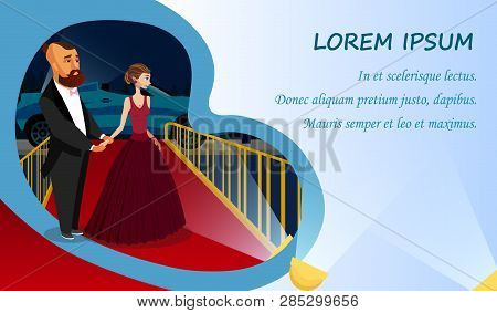 Man And Woman At Vip Event Vector Banner Template. Girlfriend In Luxury Evening Gown. Wealthy Boyfri