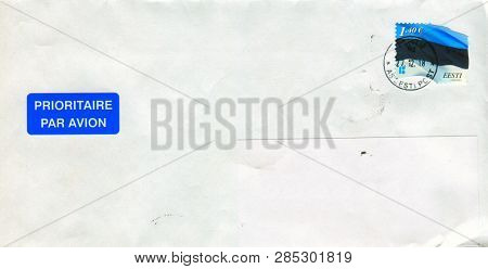 GOMEL, BELARUS - FEBRUARY 17, 2019: Old envelope which was dispatched from Estonia to Gomel, Belarus, February 17, 2019. 