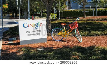 Mountain View, Ca, Usa - August 28, 2015: Close Up Of A Google Sign And Bicycle Outside Google Headq