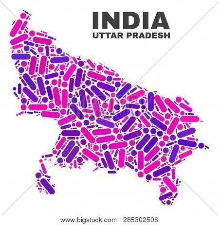 Mosaic Uttar Pradesh State Map Isolated On A White Background. Vector Geographic Abstraction In Pink