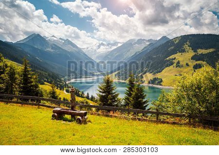 Great panorama of the Durlassboden reservoir. Location municipality of Gerlos, Zillertal valley, Austrian states of Tyrol and Salzburg, Europe, High Tauern National Park. Discover the beauty of earth.