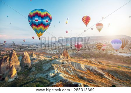 Hot air balloon flying over Cappadocia, Turkey