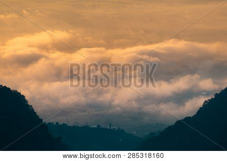 Beautiful Mountain And Morning Sunrise Over The Sea Of Mist. Mon Sone View Point , Doi Pha Hom Pok N