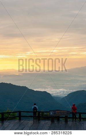 Beautiful Mountain And Morning Sunrise Over The Sea Of Mist. Mon Sone View Point , Doi Pha Hom Pok N