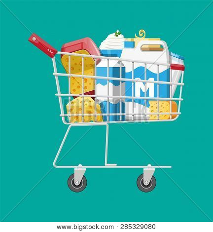 Milk Products Set In Plastic Shopping Cart With Cheese, Cottage And Butter. Dairy Food. Tradicional 