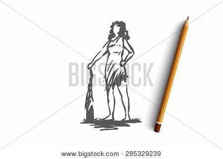 Primitive, Woman, Ancient, Baton Concept. Hand Drawn Primitive Woman With A Baton Concept Sketch. Is