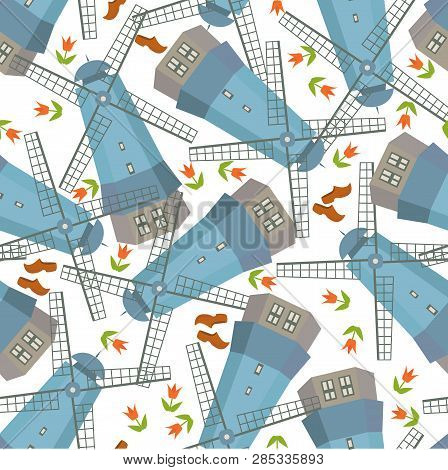 Seamless Colorful Pattern With Windmills And Tulips On White Background.