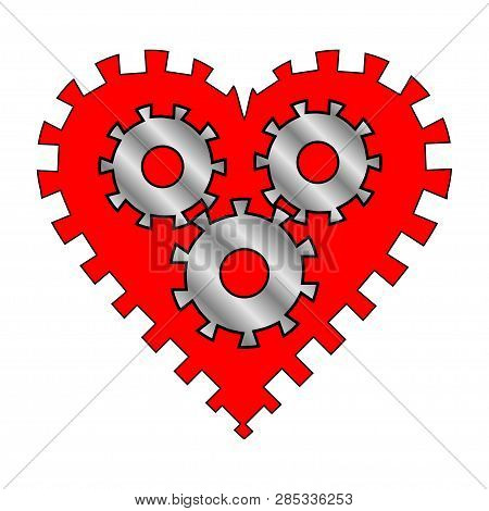 Red Heart With Three Gears On White Background