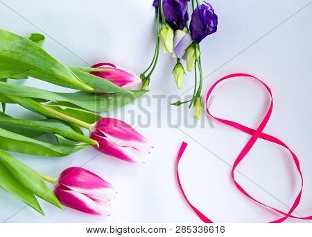 March 8th International Women`s Day Spring Festival Red Ribbon With Carnation Greeting Card