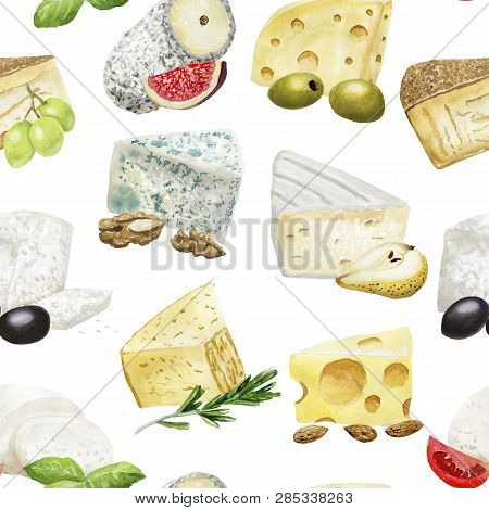 Hand Drawn Seamless Pattern With Cheese  On White Background. Vegetarian Healthy Food. Watercolor Il