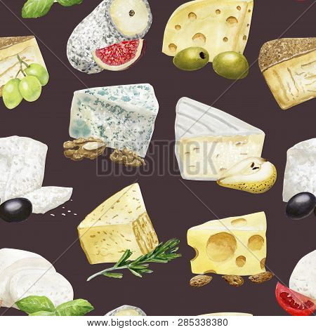 Hand Drawn Seamless Pattern With Cheese  On White Background. Vegetarian Healthy Food. Watercolor Il
