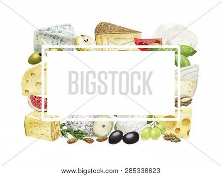 Hand Drawn Seamless Pattern With Cheese  On White Background. Vegetarian Healthy Food. Watercolor Il