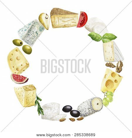 Hand Drawn Seamless Pattern With Cheese  On White Background. Vegetarian Healthy Food. Watercolor Il
