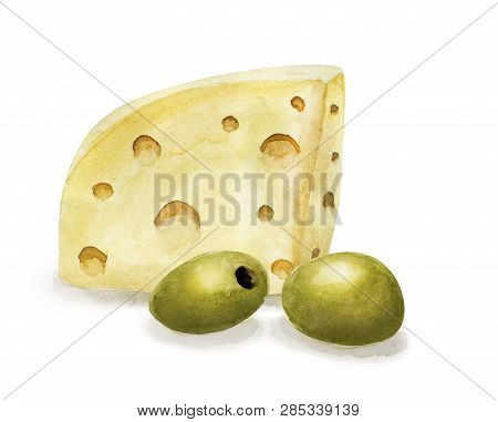 Hand Drawn Seamless Pattern With Cheese  On White Background. Vegetarian Healthy Food. Watercolor Il