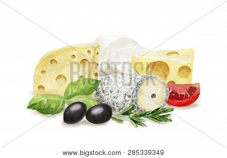 Hand Drawn Seamless Pattern With Cheese  On White Background. Vegetarian Healthy Food. Watercolor Il
