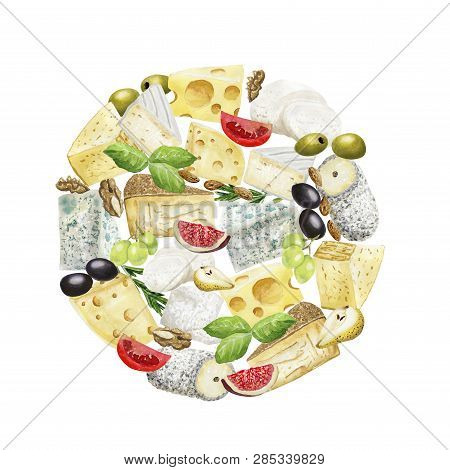 Hand Drawn Seamless Pattern With Cheese  On White Background. Vegetarian Healthy Food. Watercolor Il