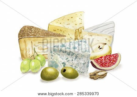 Hand Drawn Seamless Pattern With Cheese  On White Background. Vegetarian Healthy Food. Watercolor Il