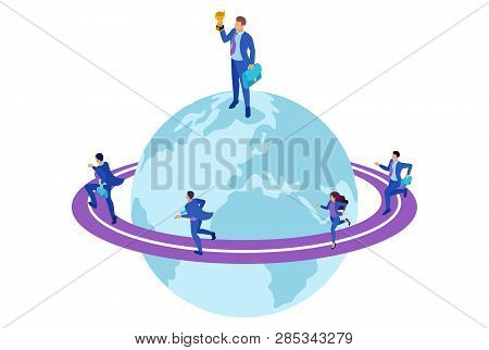 Isometric Bright Site Concept Businessman At The Top Of The World, Entrepreneurs Compete For Leaders