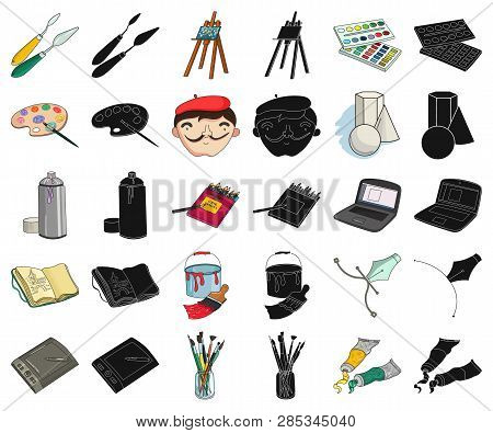 Painter And Drawing Cartoon, Black Icons In Set Collection For Design. Artistic Accessories Vector S