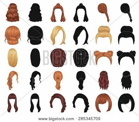 Female Hairstyle Cartoon, Black Icons In Set Collection For Design. Stylish Haircut Vector Symbol St
