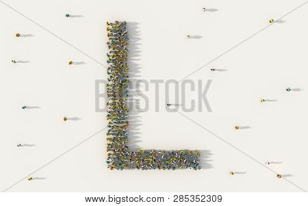 Large Group Of People Forming Letter L, Capital English Alphabet Text Character In Social Media And 