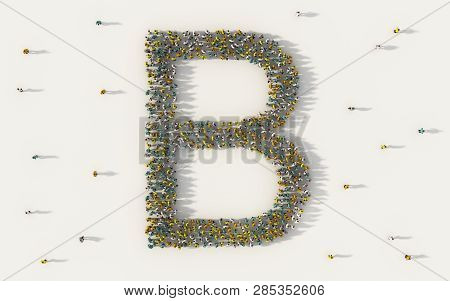 Large Group Of People Forming Letter B, Capital English Alphabet Text Character In Social Media And 