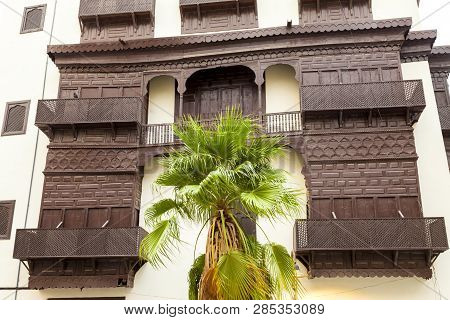 Old City In Jeddah Saudi Arabia Known As Historical Jeddah. Old And Heritage Windows And Doors In Je