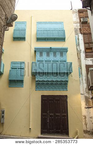Old City In Jeddah Saudi Arabia Known As Historical Jeddah. Old And Heritage Windows And Doors In Je
