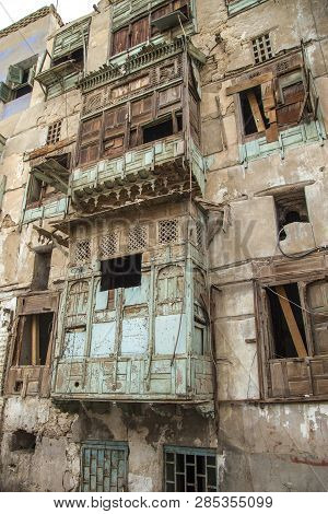 Old City In Jeddah Saudi Arabia Known As Historical Jeddah. Old And Heritage Windows And Doors In Je