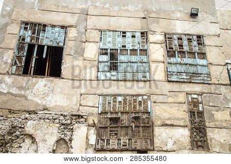 Old City In Jeddah Saudi Arabia Known As Historical Jeddah. Old And Heritage Windows And Doors In Je