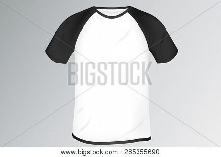 Realistic Template Blank Men's White T-shirt With Black Raglan. Isolated On Grey Background